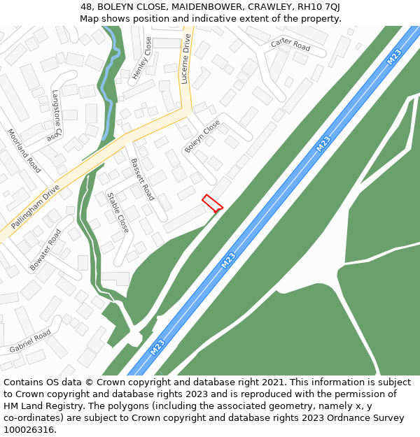 48, BOLEYN CLOSE, MAIDENBOWER, CRAWLEY, RH10 7QJ: Location map and indicative extent of plot