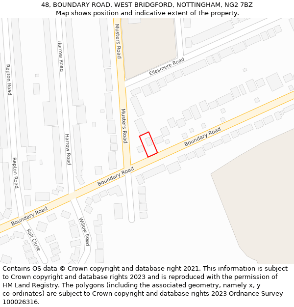 48, BOUNDARY ROAD, WEST BRIDGFORD, NOTTINGHAM, NG2 7BZ: Location map and indicative extent of plot