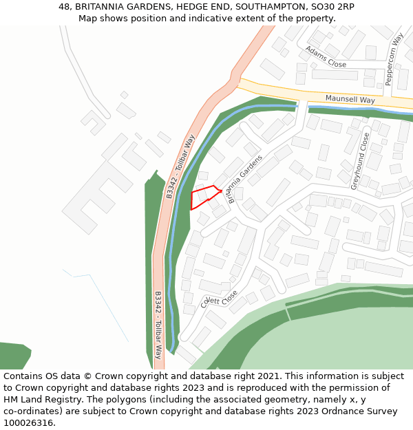 48, BRITANNIA GARDENS, HEDGE END, SOUTHAMPTON, SO30 2RP: Location map and indicative extent of plot