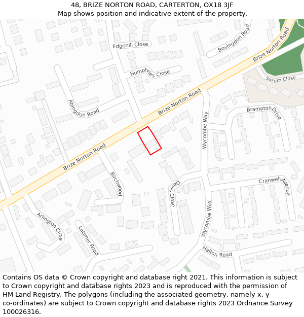 48, BRIZE NORTON ROAD, CARTERTON, OX18 3JF: Location map and indicative extent of plot