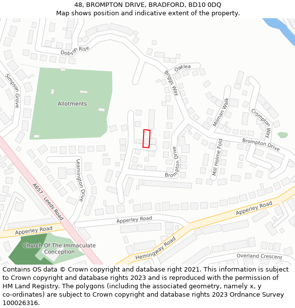 48, BROMPTON DRIVE, BRADFORD, BD10 0DQ: Location map and indicative extent of plot