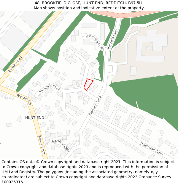 48, BROOKFIELD CLOSE, HUNT END, REDDITCH, B97 5LL: Location map and indicative extent of plot