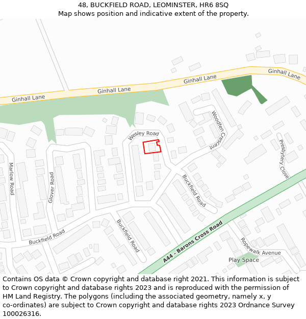 48, BUCKFIELD ROAD, LEOMINSTER, HR6 8SQ: Location map and indicative extent of plot