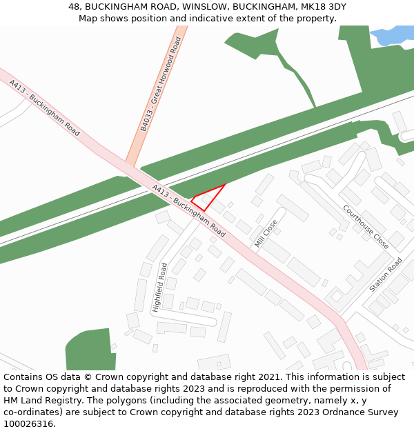 48, BUCKINGHAM ROAD, WINSLOW, BUCKINGHAM, MK18 3DY: Location map and indicative extent of plot