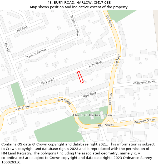 48, BURY ROAD, HARLOW, CM17 0EE: Location map and indicative extent of plot