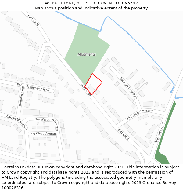 48, BUTT LANE, ALLESLEY, COVENTRY, CV5 9EZ: Location map and indicative extent of plot