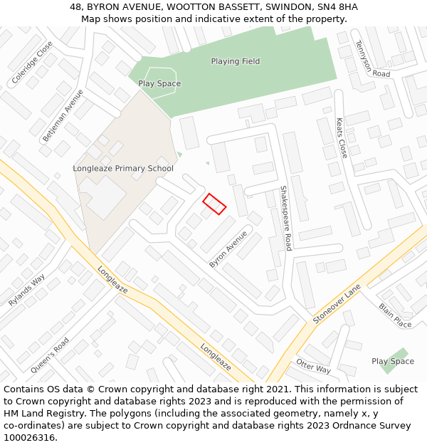 48, BYRON AVENUE, WOOTTON BASSETT, SWINDON, SN4 8HA: Location map and indicative extent of plot