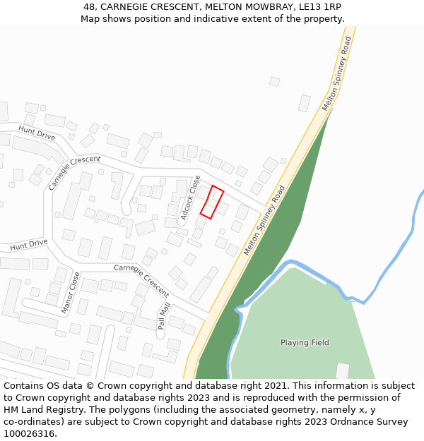 48, CARNEGIE CRESCENT, MELTON MOWBRAY, LE13 1RP: Location map and indicative extent of plot