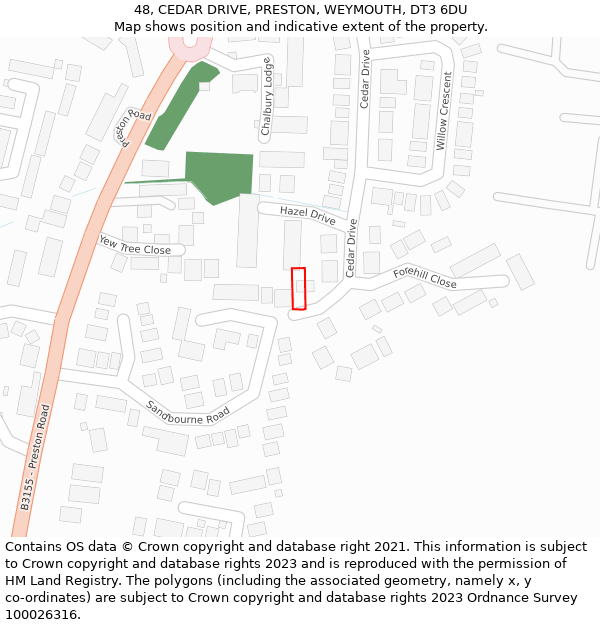 48, CEDAR DRIVE, PRESTON, WEYMOUTH, DT3 6DU: Location map and indicative extent of plot