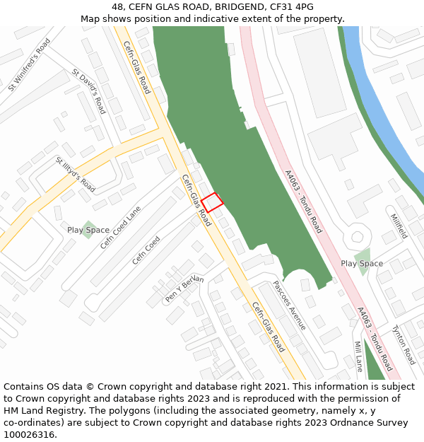 48, CEFN GLAS ROAD, BRIDGEND, CF31 4PG: Location map and indicative extent of plot