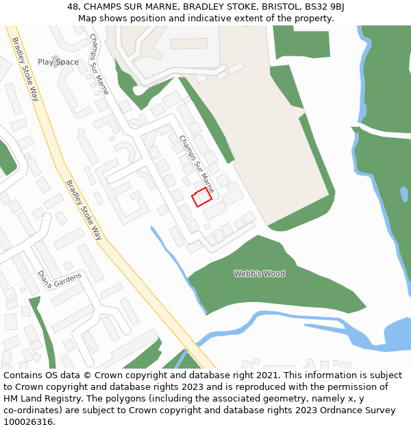 48, CHAMPS SUR MARNE, BRADLEY STOKE, BRISTOL, BS32 9BJ: Location map and indicative extent of plot