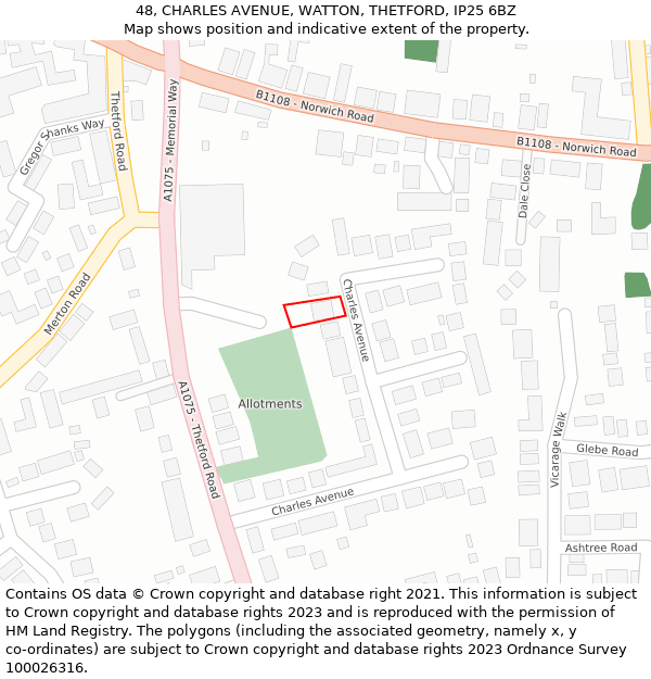 48, CHARLES AVENUE, WATTON, THETFORD, IP25 6BZ: Location map and indicative extent of plot
