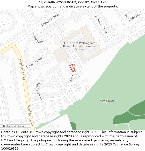 48, CHARNWOOD ROAD, CORBY, NN17 1XS: Location map and indicative extent of plot