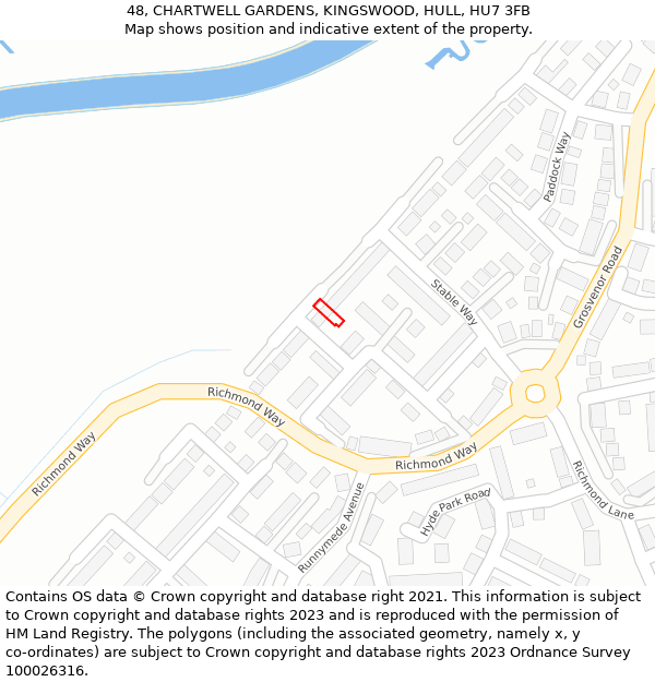 48, CHARTWELL GARDENS, KINGSWOOD, HULL, HU7 3FB: Location map and indicative extent of plot