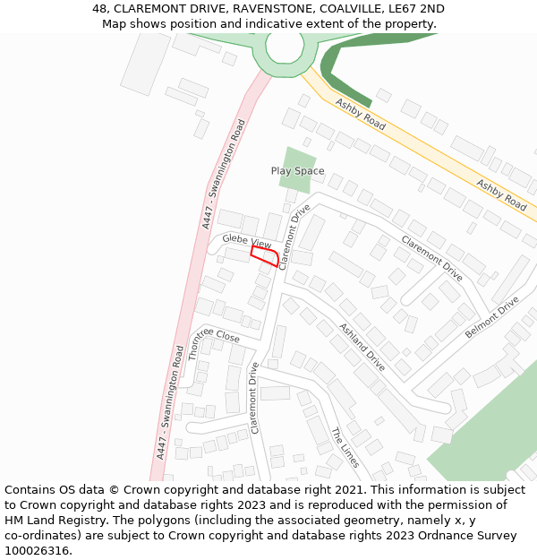 48, CLAREMONT DRIVE, RAVENSTONE, COALVILLE, LE67 2ND: Location map and indicative extent of plot