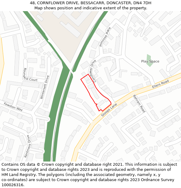 48, CORNFLOWER DRIVE, BESSACARR, DONCASTER, DN4 7DH: Location map and indicative extent of plot