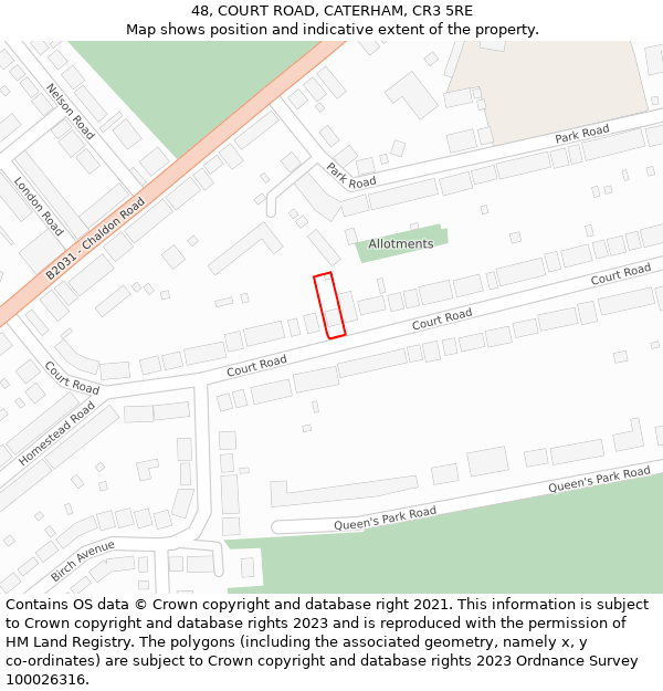 48, COURT ROAD, CATERHAM, CR3 5RE: Location map and indicative extent of plot