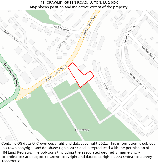 48, CRAWLEY GREEN ROAD, LUTON, LU2 0QX: Location map and indicative extent of plot