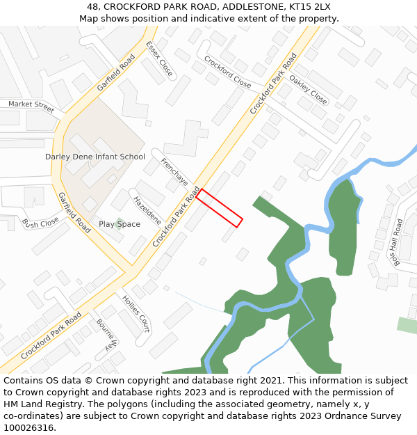 48, CROCKFORD PARK ROAD, ADDLESTONE, KT15 2LX: Location map and indicative extent of plot