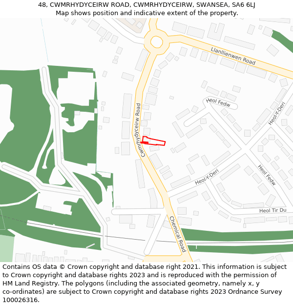 48, CWMRHYDYCEIRW ROAD, CWMRHYDYCEIRW, SWANSEA, SA6 6LJ: Location map and indicative extent of plot