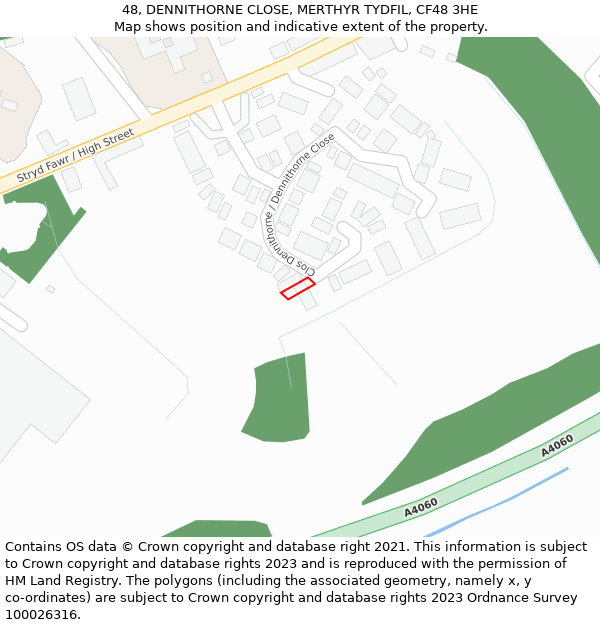 48, DENNITHORNE CLOSE, MERTHYR TYDFIL, CF48 3HE: Location map and indicative extent of plot