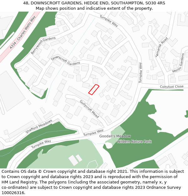 48, DOWNSCROFT GARDENS, HEDGE END, SOUTHAMPTON, SO30 4RS: Location map and indicative extent of plot