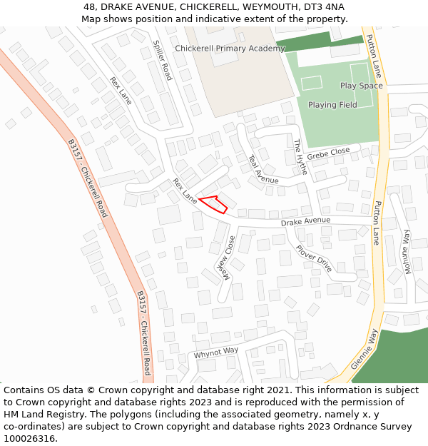 48, DRAKE AVENUE, CHICKERELL, WEYMOUTH, DT3 4NA: Location map and indicative extent of plot