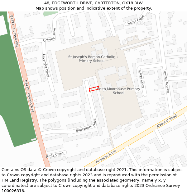 48, EDGEWORTH DRIVE, CARTERTON, OX18 3LW: Location map and indicative extent of plot