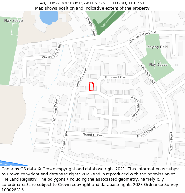 48, ELMWOOD ROAD, ARLESTON, TELFORD, TF1 2NT: Location map and indicative extent of plot