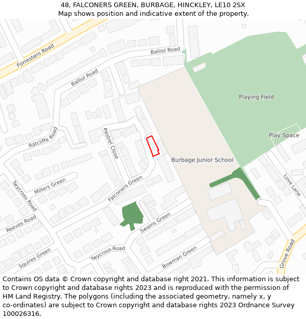 48, FALCONERS GREEN, BURBAGE, HINCKLEY, LE10 2SX: Location map and indicative extent of plot