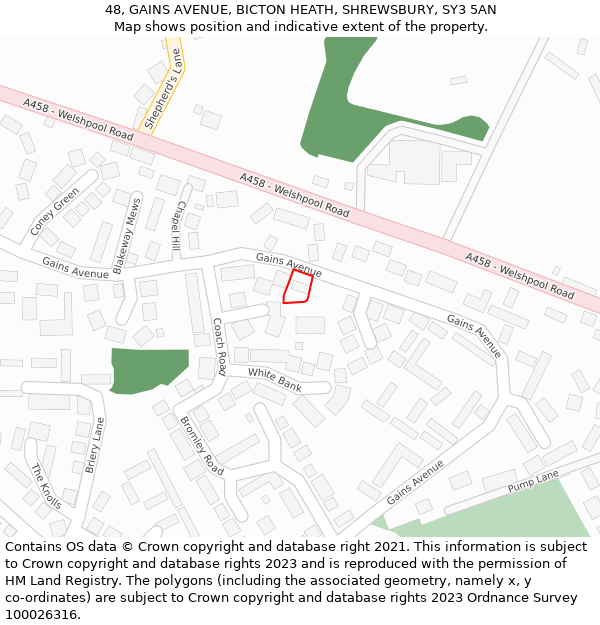 48, GAINS AVENUE, BICTON HEATH, SHREWSBURY, SY3 5AN: Location map and indicative extent of plot