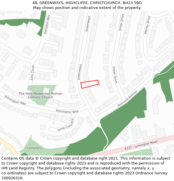 48, GREENWAYS, HIGHCLIFFE, CHRISTCHURCH, BH23 5BD: Location map and indicative extent of plot