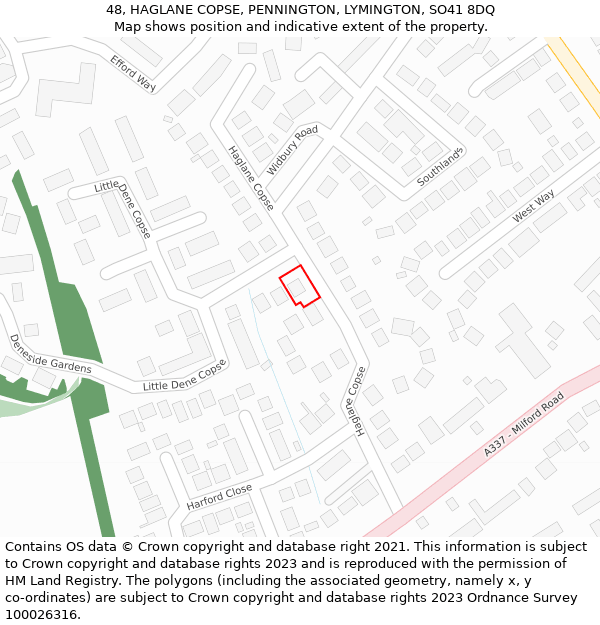 48, HAGLANE COPSE, PENNINGTON, LYMINGTON, SO41 8DQ: Location map and indicative extent of plot