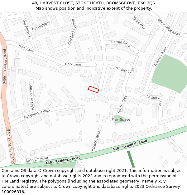 48, HARVEST CLOSE, STOKE HEATH, BROMSGROVE, B60 3QS: Location map and indicative extent of plot