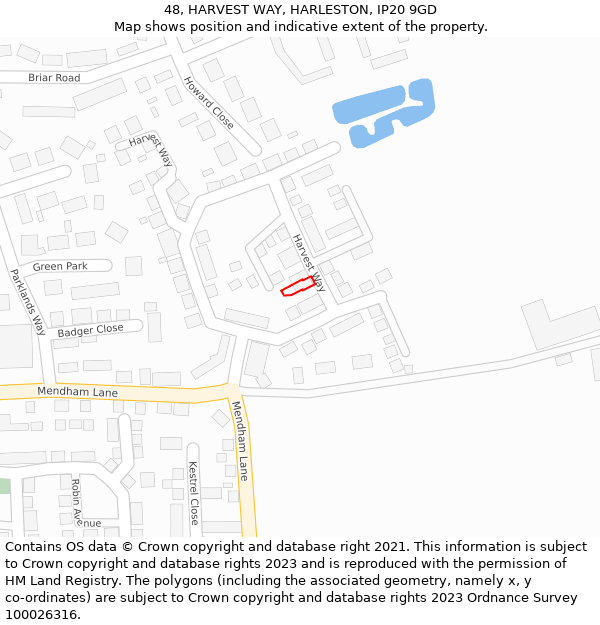 48, HARVEST WAY, HARLESTON, IP20 9GD: Location map and indicative extent of plot