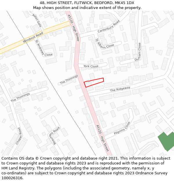 48, HIGH STREET, FLITWICK, BEDFORD, MK45 1DX: Location map and indicative extent of plot