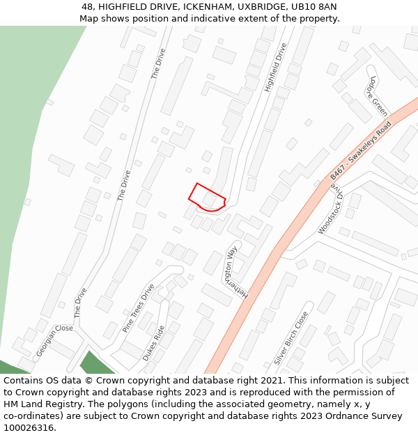 48, HIGHFIELD DRIVE, ICKENHAM, UXBRIDGE, UB10 8AN: Location map and indicative extent of plot