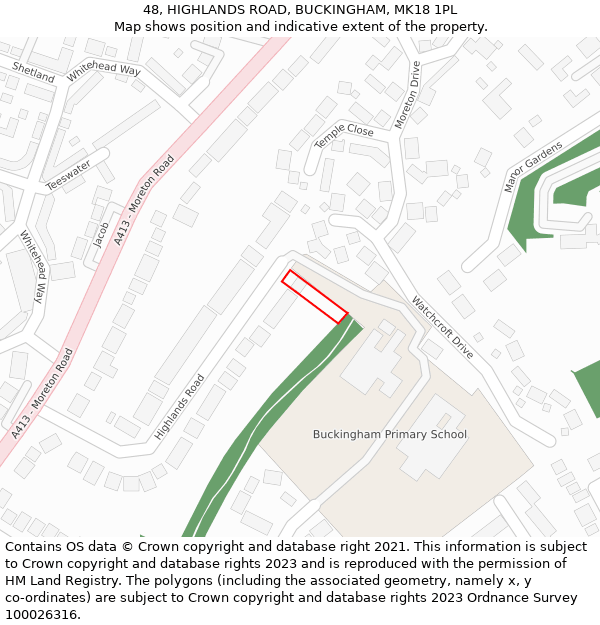 48, HIGHLANDS ROAD, BUCKINGHAM, MK18 1PL: Location map and indicative extent of plot