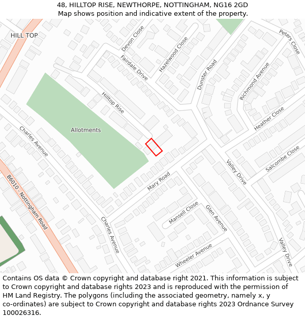 48, HILLTOP RISE, NEWTHORPE, NOTTINGHAM, NG16 2GD: Location map and indicative extent of plot