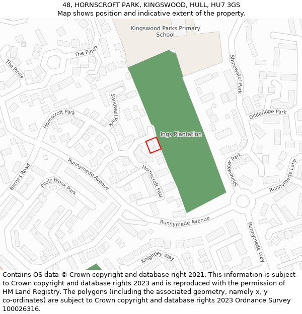 48, HORNSCROFT PARK, KINGSWOOD, HULL, HU7 3GS: Location map and indicative extent of plot