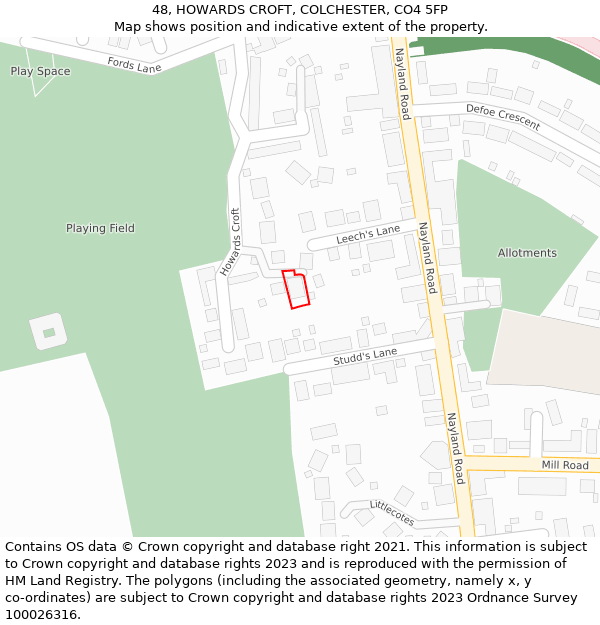 48, HOWARDS CROFT, COLCHESTER, CO4 5FP: Location map and indicative extent of plot