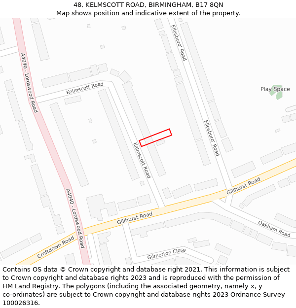 48, KELMSCOTT ROAD, BIRMINGHAM, B17 8QN: Location map and indicative extent of plot