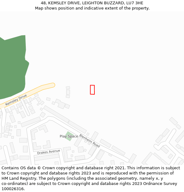 48, KEMSLEY DRIVE, LEIGHTON BUZZARD, LU7 3HE: Location map and indicative extent of plot