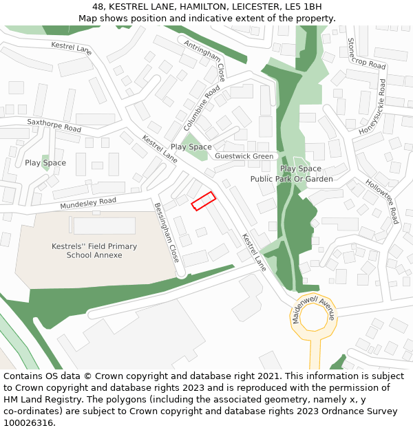 48, KESTREL LANE, HAMILTON, LEICESTER, LE5 1BH: Location map and indicative extent of plot