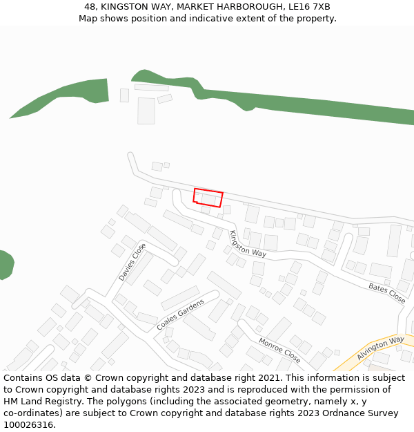 48, KINGSTON WAY, MARKET HARBOROUGH, LE16 7XB: Location map and indicative extent of plot