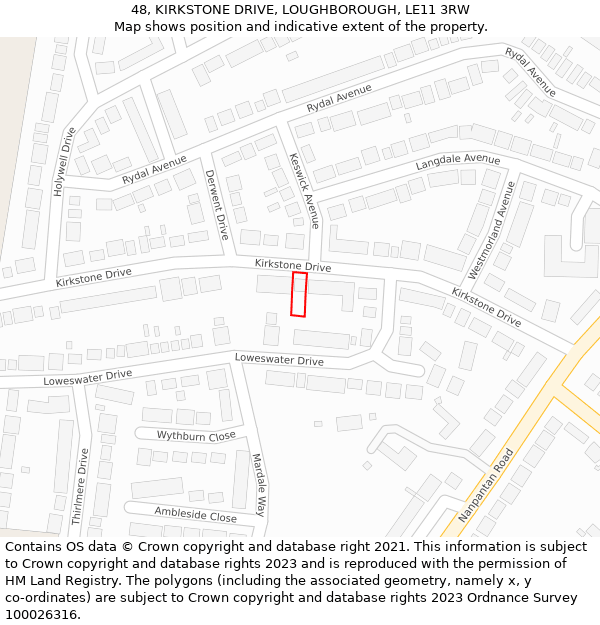 48, KIRKSTONE DRIVE, LOUGHBOROUGH, LE11 3RW: Location map and indicative extent of plot