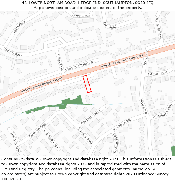 48, LOWER NORTHAM ROAD, HEDGE END, SOUTHAMPTON, SO30 4FQ: Location map and indicative extent of plot