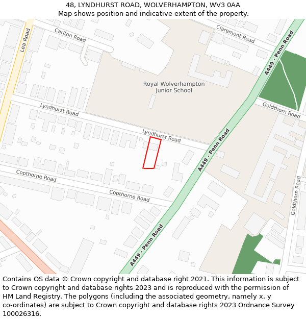 48, LYNDHURST ROAD, WOLVERHAMPTON, WV3 0AA: Location map and indicative extent of plot