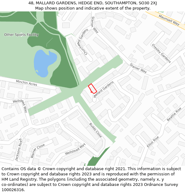 48, MALLARD GARDENS, HEDGE END, SOUTHAMPTON, SO30 2XJ: Location map and indicative extent of plot