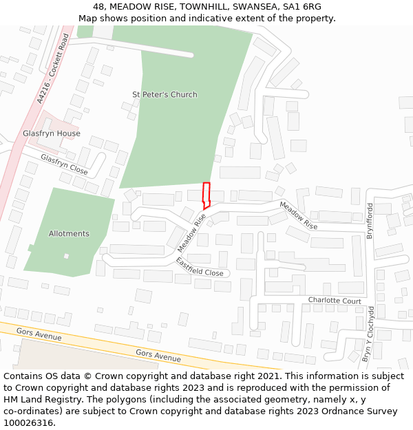 48, MEADOW RISE, TOWNHILL, SWANSEA, SA1 6RG: Location map and indicative extent of plot